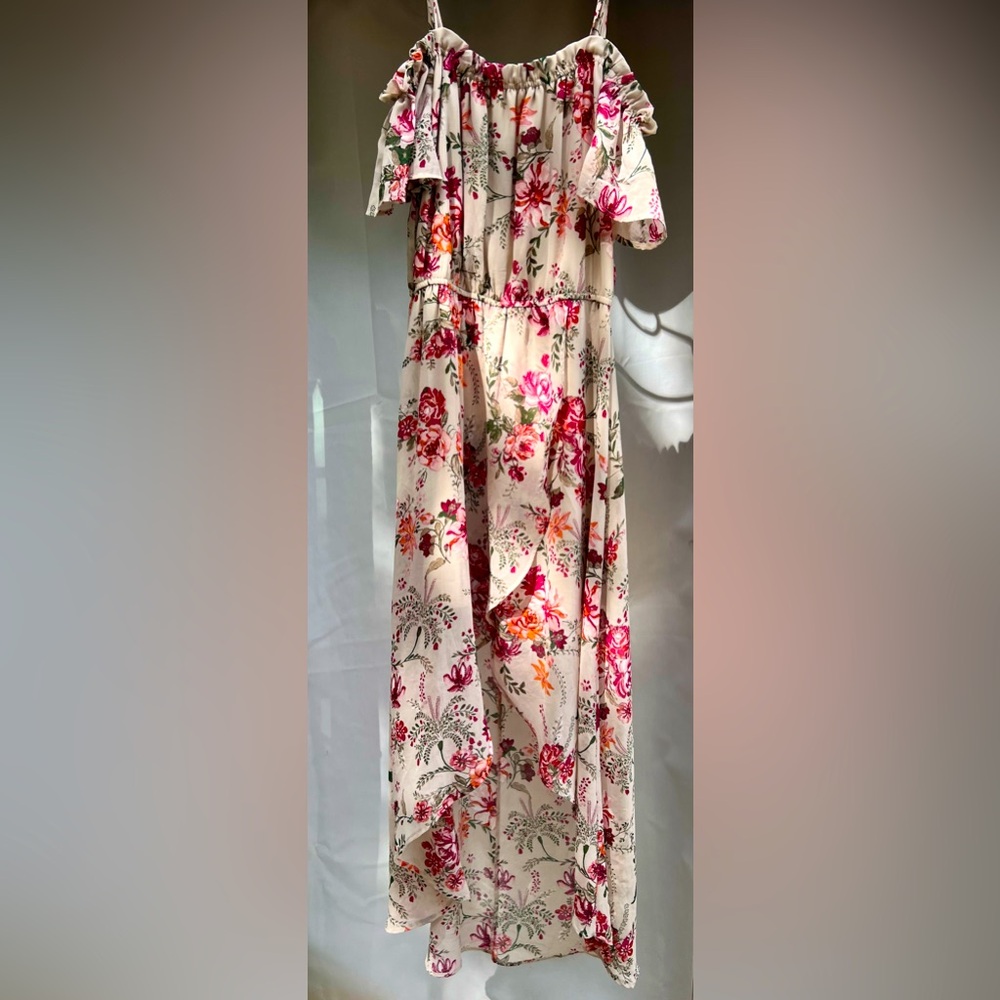 Floral flowy high low dress with adorable flirty peekaboo shoulder